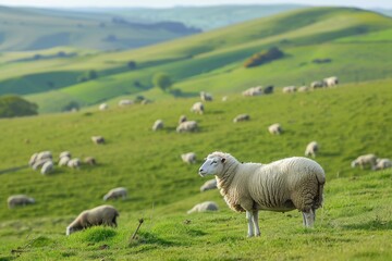 Sheep grazing on lush hills  a scenic countryside landscape with vibrant grassland and livestock