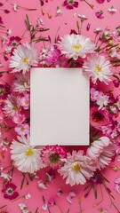 Obraz premium Top view of blank card and beautiful blooming flowers isolated on pink