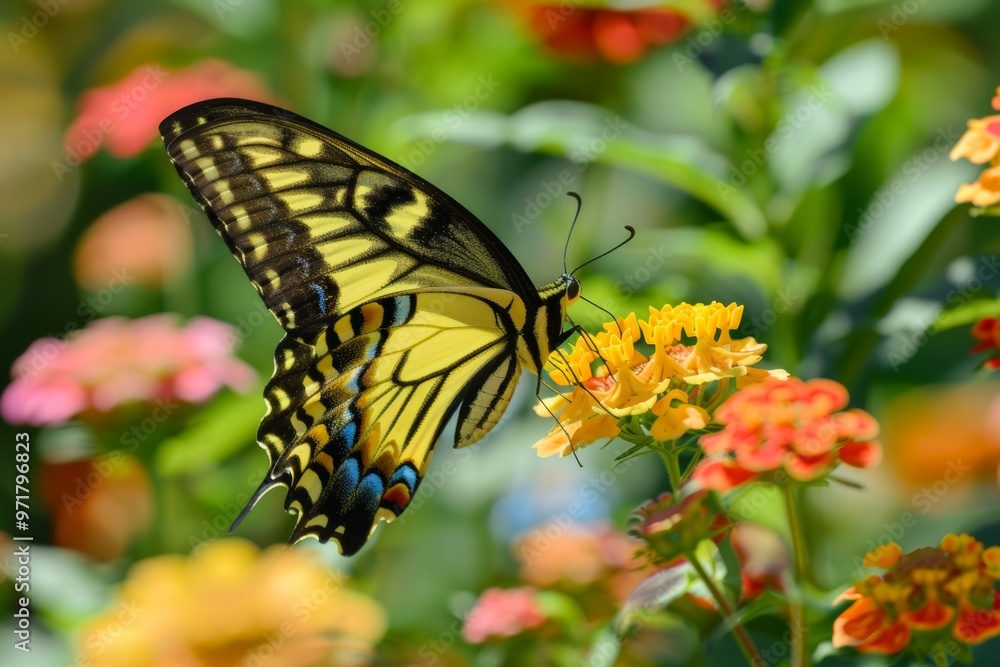 Wall mural graceful butterfly perched on a vibrant blossom, showcasing nature s beauty and delicacy