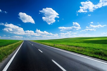 Fototapeta premium Empty asphalt road leading to horizon with green field and blue sky with white clouds, freedom concept