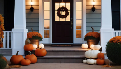Obraz premium welcoming entryway rustic bench fall wreath door row pumpkins leading porch