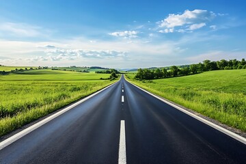 Empty Road Leading to Green Meadow with Blue Sky and Clouds