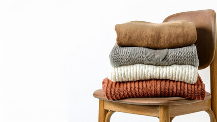 Pile of Knit Sweaters Stacked on a Wooden Chair