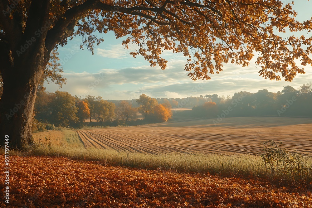 Sticker Autumn Landscape with Tree, Field, and Fog