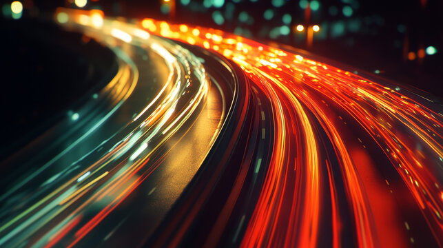 "Abstract image of night traffic light trails in the city, showcasing dynamic patterns and streaks of illumination."