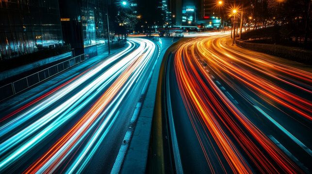 "Abstract image of night traffic light trails in the city, showcasing dynamic patterns and streaks of illumination."