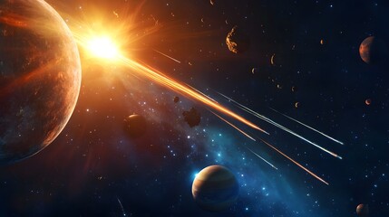 Obraz premium Solar System with Comets: The solar system with comets streaking through the scene, passing by planets and the sun. 