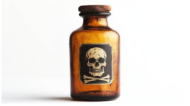 one single old glass retro fashioned brown poison bottle with dead skull and bones label on it isolated on white background