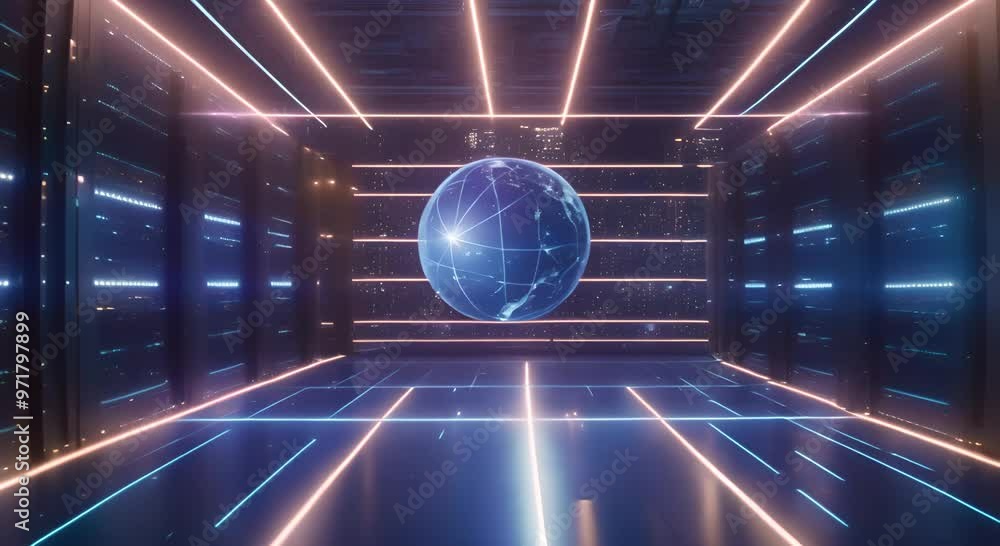 Poster Global Network Hub A futuristic data center with rows of servers and a glowing Earth hologram symbolizing global connectivity and digital infrastructure 4k animation