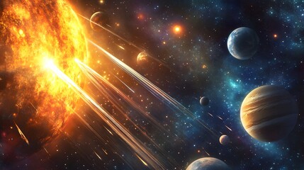Obraz premium Solar System with Comets: The solar system with comets streaking through the scene, passing by planets and the sun. 