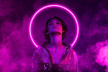 Composite photo collage of calm dreamy girl model pose neon violet circle fashion party isolated on...