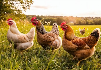 Fototapeta premium Chickens enjoying a sunny afternoon in a lush grassy field with trees in the background and gentle sunlight