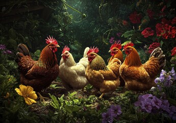 A colorful gathering of unique-feathered chickens among vibrant flowers in a lush garden setting during daylight
