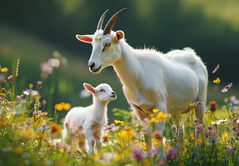 Obraz premium A mother goat stands guard over her playful kid in a colorful wildflower meadow during a sunny afternoon in spring