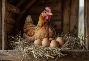 A proud hen sits protectively in a nest box, tending to her freshly laid eggs during a sunny afternoon on a peaceful farm