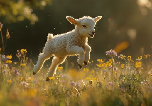 Playful lamb joyfully jumping in a colorful meadow filled with wildflowers during a sunny spring day