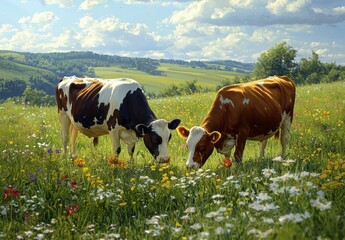 Naklejka premium Two cows grazing peacefully in a vibrant meadow filled with wildflowers under a blue sky