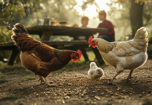 Brown and white chickens foraging for seeds on a sunny day in a backyard with children at the picnic table nearby