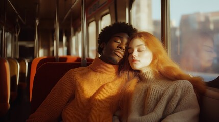 A peaceful photo of a couple from different races, sleeping together on a train, with soft sunlight illuminating their faces, creating a warm and tranquil atmosphere as they lean on each other