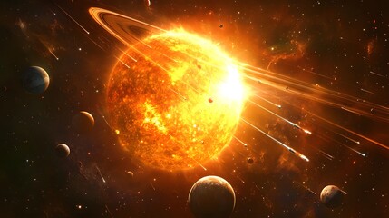 Obraz premium Solar System with Comets: The solar system with comets streaking through the scene, passing by planets and the sun. 