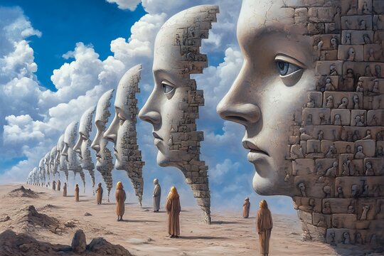Surreal art of stone faces in desert landscape, conceptual art, dreamlike, psychology
