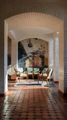Bright room with tile floor and brick white wall background