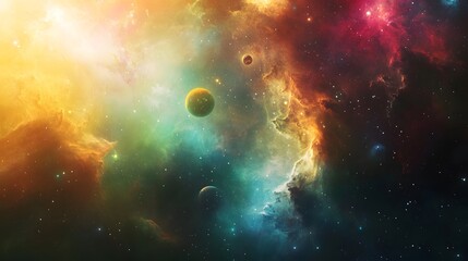 Obraz premium Solar System with Nebula: The solar system viewed against a colorful nebula, with the planets glowing brightly amidst the swirling gas clouds. 