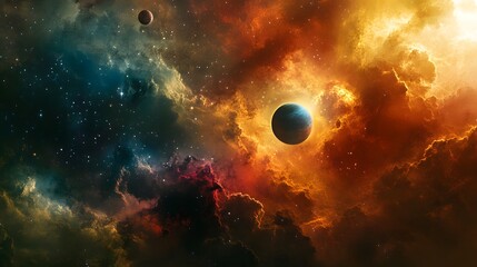 Obraz premium Solar System with Nebula: The solar system viewed against a colorful nebula, with the planets glowing brightly amidst the swirling gas clouds. 