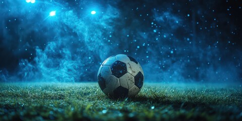 Naklejka premium Football stadium with misty atmosphere under night lighting