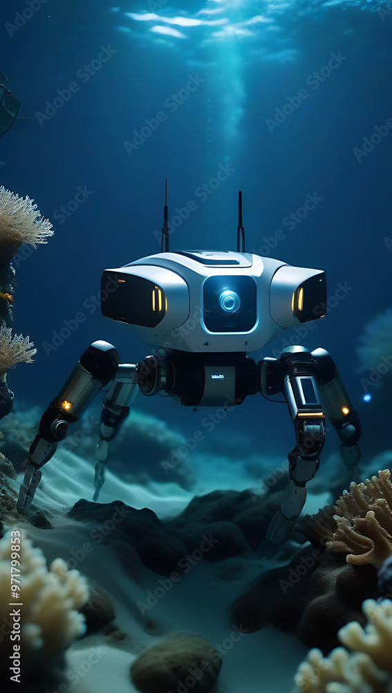 Poster ai robots exploring deep ocean trenches gathering data marine ecosystems