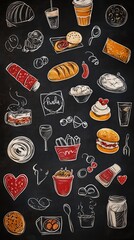A charming business card showcases hand-drawn food illustrations on a rustic chalkboard, creating a warm and inviting ambiance