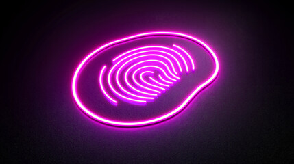 biometric ID fingerprint security icon glowing in purple color on a dark isolated background with soft shadows and space for text.