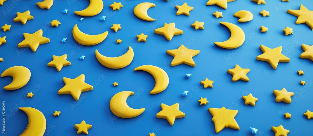Poster 3d rendering of yellow stars and crescent moons arranged in rows on a blue background