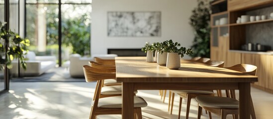 Obraz premium 3D rendering of a dining room featuring a wooden table and chair set showcasing modern interior design elements