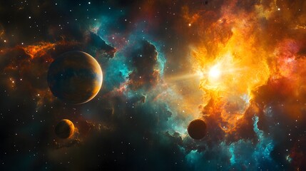 Obraz premium Solar System with Nebula: The solar system viewed against a colorful nebula, with the planets glowing brightly amidst the swirling gas clouds. 