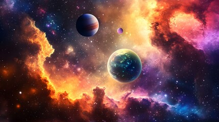 Solar System with Nebula: The solar system viewed against a colorful nebula, with the planets glowing brightly amidst the swirling gas clouds.

