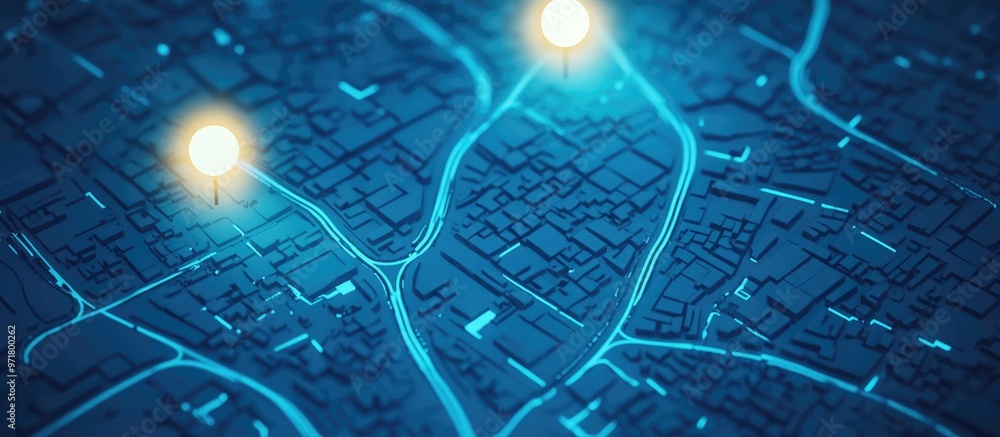 Poster stylized street map illustration featuring white lines on an abstract blue background illuminated by