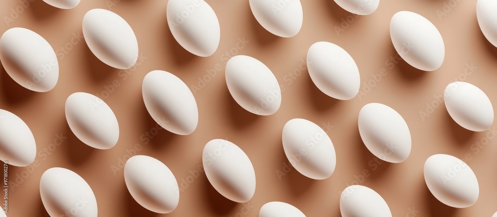 Poster a multitude of white eggs arranged in a diagonal grid on a brown backdrop top down perspective 3d re
