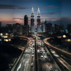 Fototapeta premium Ampang Kuala Lumpur Elevated Highway AKLEH with City Skyline in Malaysia at Twilight Blurred Defocused Bokeh Background
