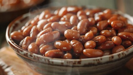Boston baked beans on the table moves with smoke around