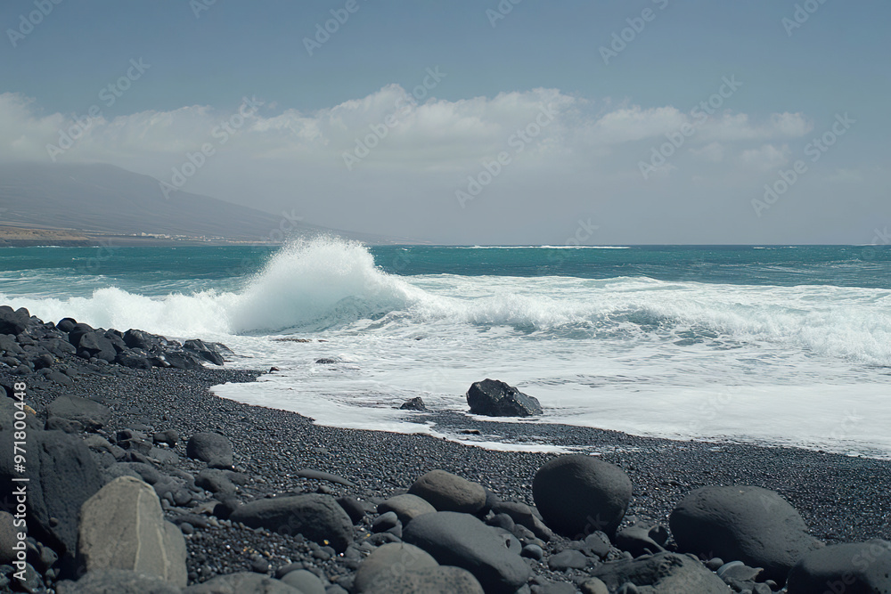 Wall mural A powerful wave breaks on a black sand beach with smooth round stones scattered across the shore and a mountainous background on a partly cloudy day. Generated AI.