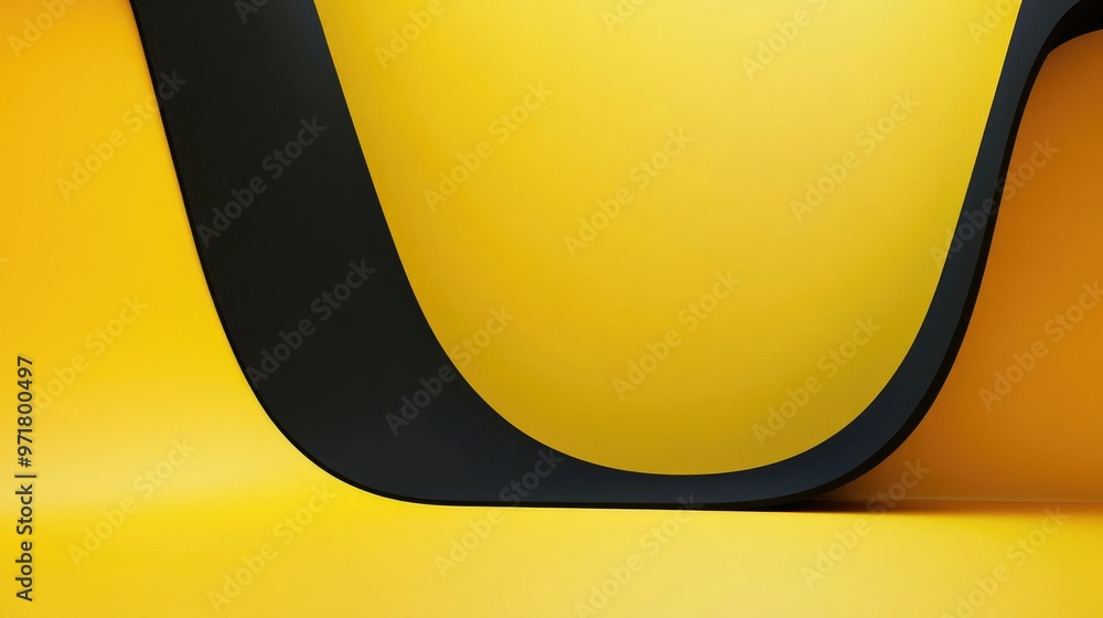 Poster yellow corner scene with wall and floor featuring a black paper curve and minimalistic flat shapes c