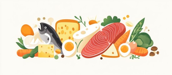 Vitamin B capsule featuring a flat design with meat fish mushrooms bread cheese eggs and carrots