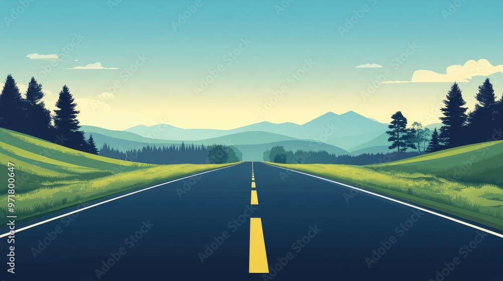 Poster empty road in the afternoon with a silhouette of trees in the background a simple flat illustration 