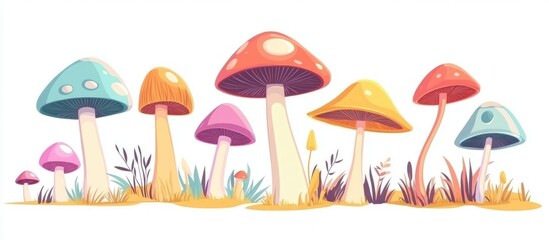 Colorful cartoon mushrooms in a flat design style