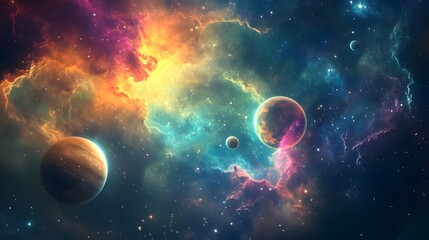 Obraz premium Solar System with Nebula: The solar system viewed against a colorful nebula, with the planets glowing brightly amidst the swirling gas clouds. 