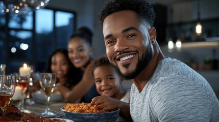 Smiling moments: happy Black people eating together, highlighting the pure joy and contentment found in shared meals, conversation, and the enjoyment of delicious food