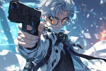 Anime boy with white hair and glasses holding a gun, futuristic background