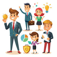 A colorful cartoon vector depicts business coaching with professionals sharing ideas and strategies for success emphasizing teamwork and creativity