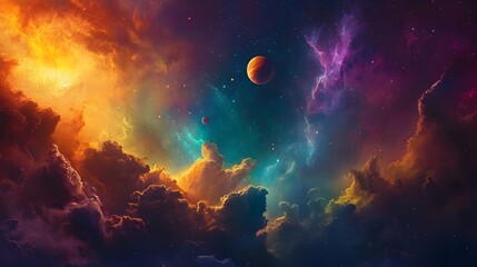 Fototapeta premium Solar System with Nebula: The solar system viewed against a colorful nebula, with the planets glowing brightly amidst the swirling gas clouds. 